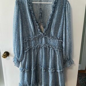 Blue Patterned Ruffle Dress
